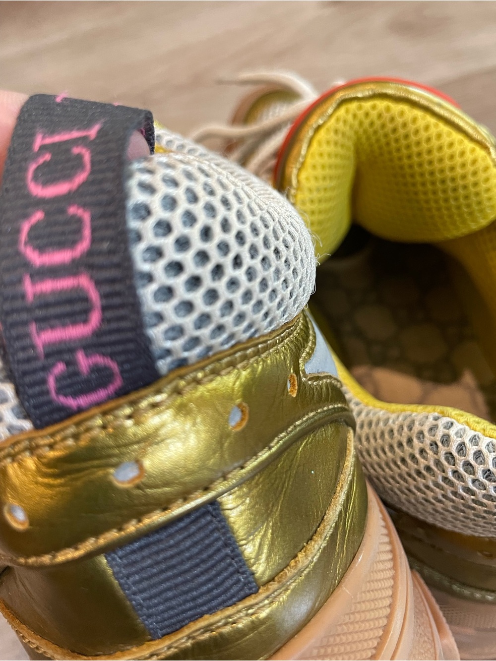 Gucci Metallic Gold, White & Tan Mesh Athletic Sneakers - Picture 13 of 13